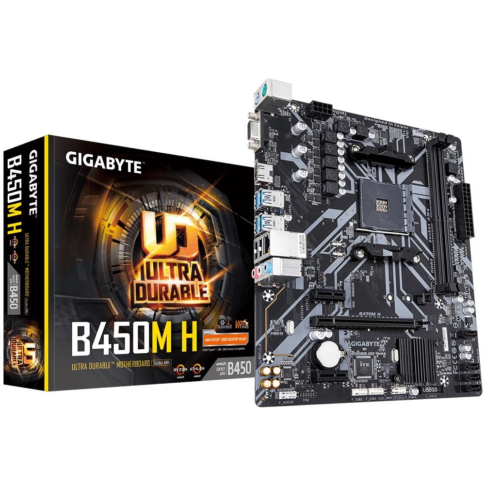 GIGABYTE B450M H AMD Ryzen AM4 mATX Motherboard with dual DDR4 slots and PCIe connectors.