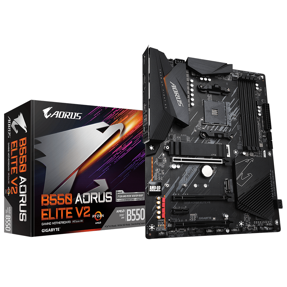 GIGABYTE B550 AORUS ELITE V2 AMD Ryzen ATX Motherboard showcasing its advanced features and design.