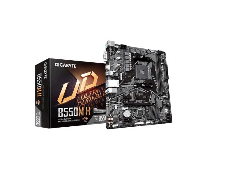 GIGABYTE B550M H AMD Ryzen M-ATX Motherboard showcasing its ports, slots, and RGB lighting features.