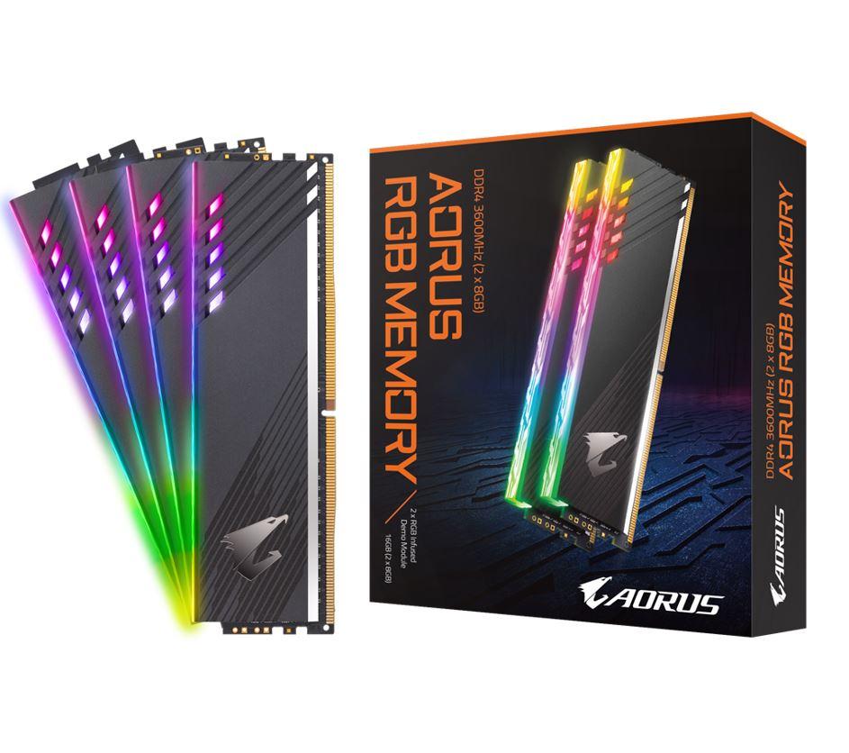 GIGABYTE Gaming Memory 16GB DDR4 3600MHz RAM kit with gray heatsinks and RGB lighting.