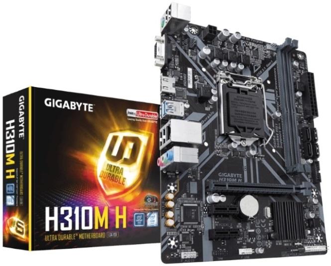 GIGABYTE H310M H V2.0 motherboard with LGA1151 socket, showcasing multiple ports and slots for connectivity.