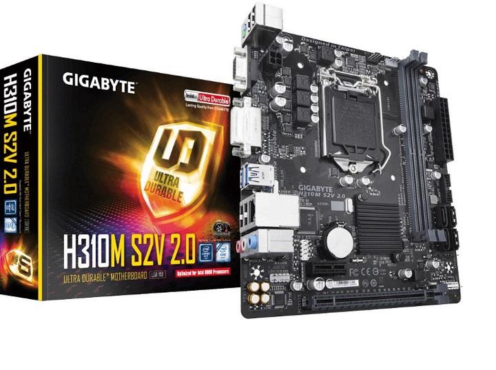 GIGABYTE H310M S2V V2.0 motherboard with LGA1151 socket, showcasing ports and connectors.