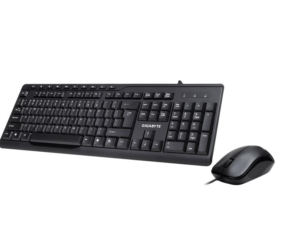 GIGABYTE KM6300 USB Wired Keyboard and Mouse Combo with multimedia controls, showcasing a sleek black design and ergonomic features.