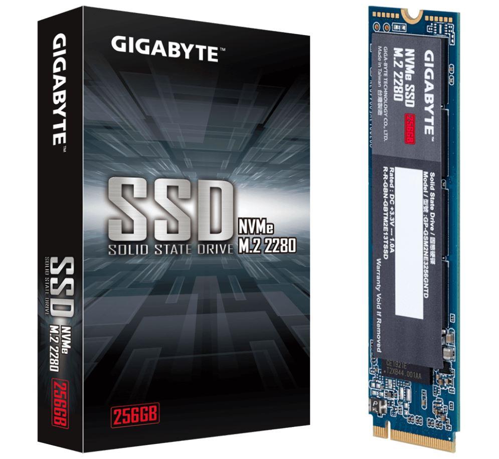 GIGABYTE M.2 PCIe NVMe SSD 256GB V2, showcasing its compact design and specifications.