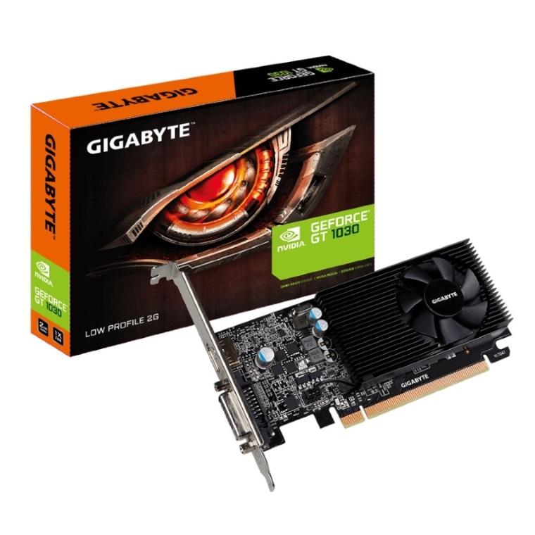 GIGABYTE nVidia GeForce GT 1030 2GB DDR5 Fan PCIe Graphic Card showcasing its low profile design and dual output ports.