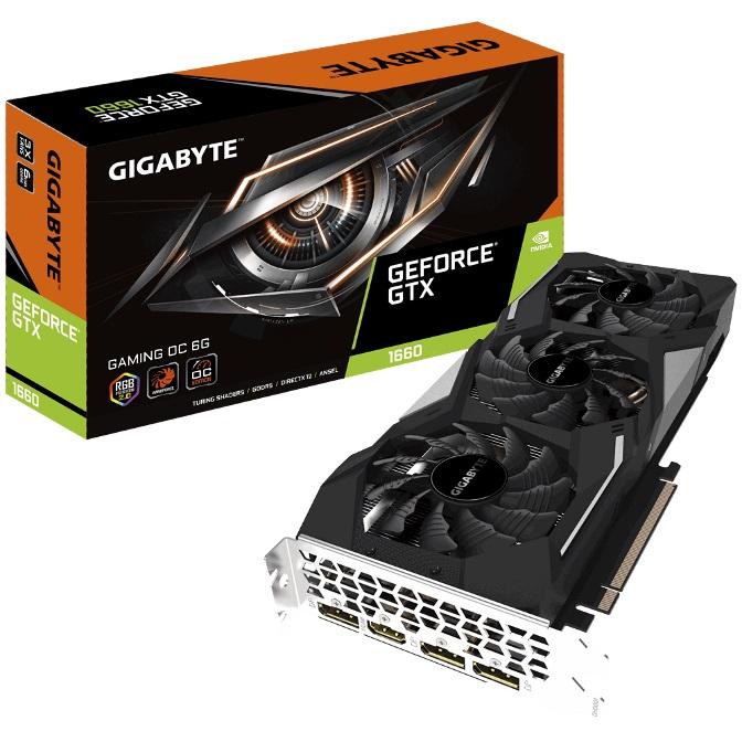 GIGABYTE nVidia GeForce GTX 1660 Gaming OC 6GB Graphic Card with RGB lighting and cooling fans.
