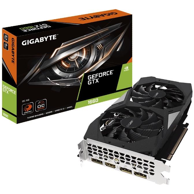 GIGABYTE nVidia GeForce GTX 1660 OC 6GB PCIe Graphic Card with cooling fans and multiple output ports.