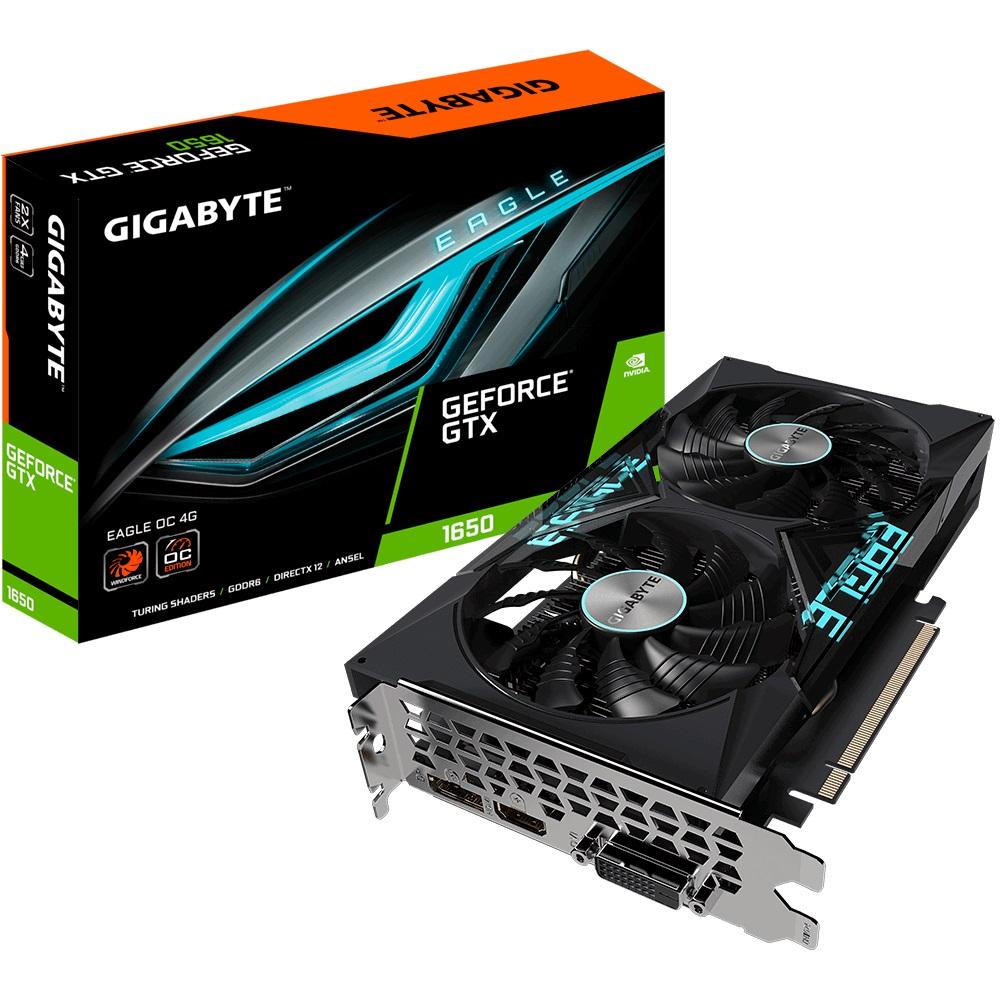 GIGABYTE nVidia GeForce GTX 1650 D6 EAGLE OC 4G GDDR6 graphics card with dual fans and sleek design.