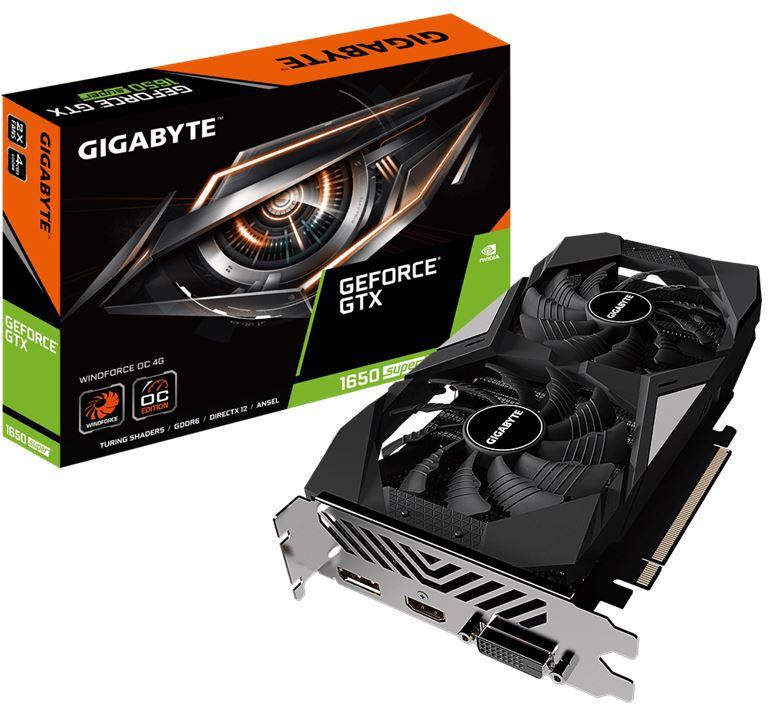 GIGABYTE nVidia GeForce GTX 1650 Super Windforce OC 4GB GDDR6 PCIe graphics card with dual fans and sleek design.