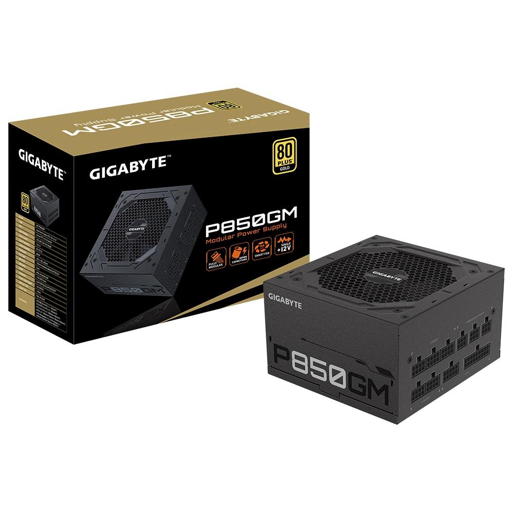 GIGABYTE P850GM 850W ATX PSU Power Supply with modular design and 120mm fan, featuring flat black cables.