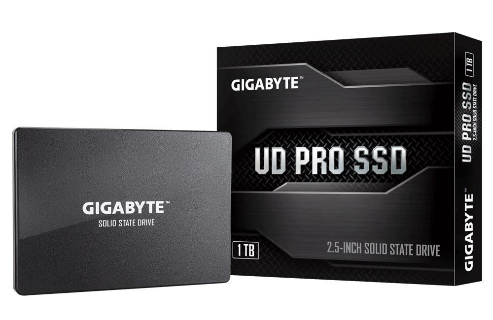 GIGABYTE UD PRO SSD 1TB 2.5-inch internal SSD with SATA 6.0Gb/s interface, showcasing its sleek design and compact size.