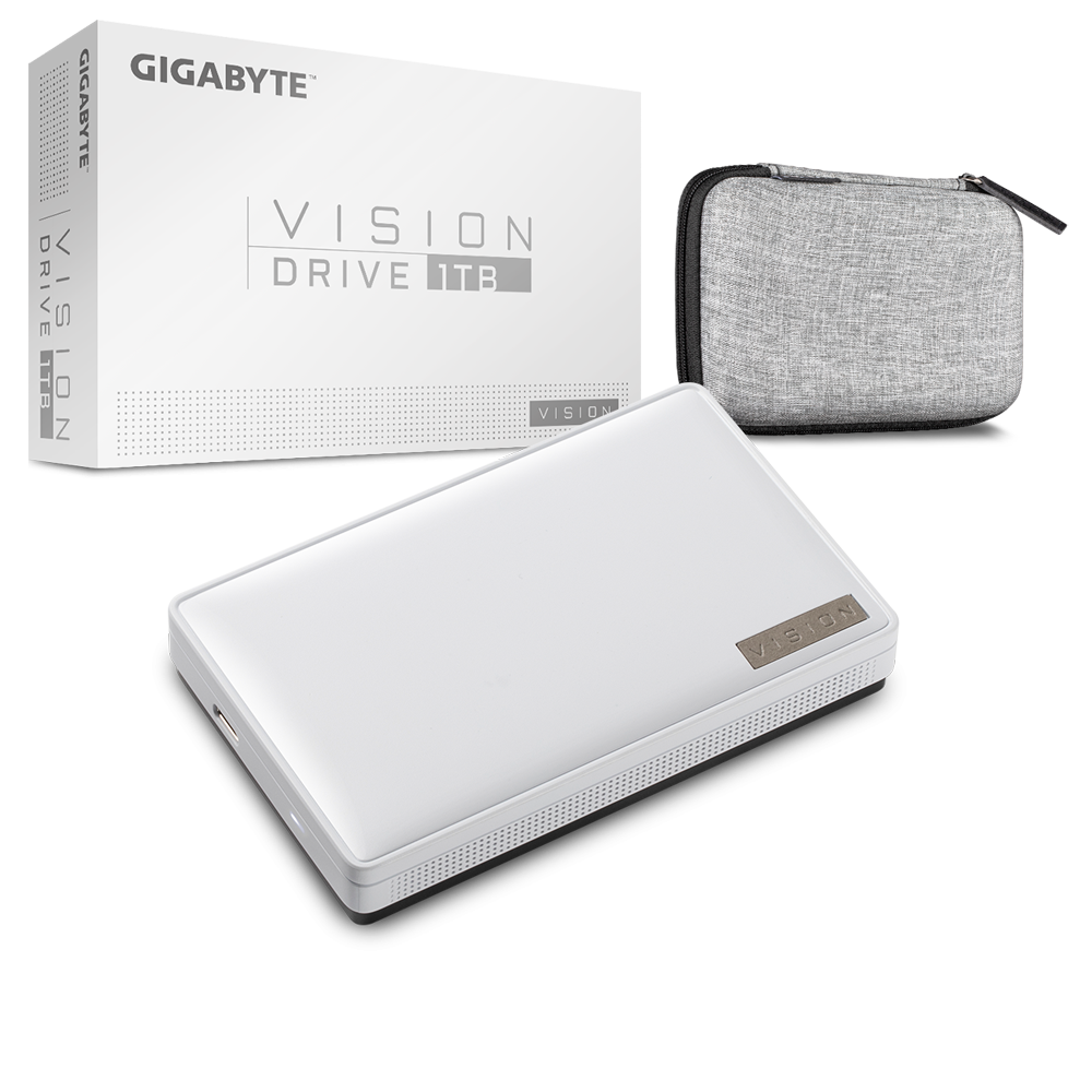 GIGABYTE Vision Drive 1TB External SSD with USB-C interface, showcasing its sleek design and robust build.