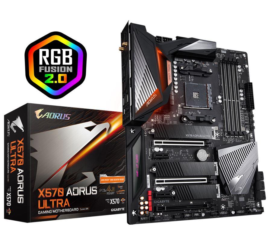 GIGABYTE X570 AORUS ULTRA WIFI Ryzen AM4 ATX Motherboard with multiple PCIe slots and RGB lighting.