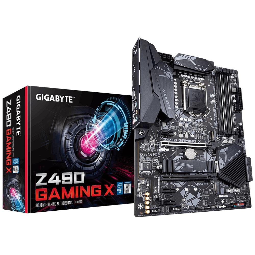 GIGABYTE Z490 GAMING X Intel ATX Motherboard showcasing its multiple slots and RGB lighting features.
