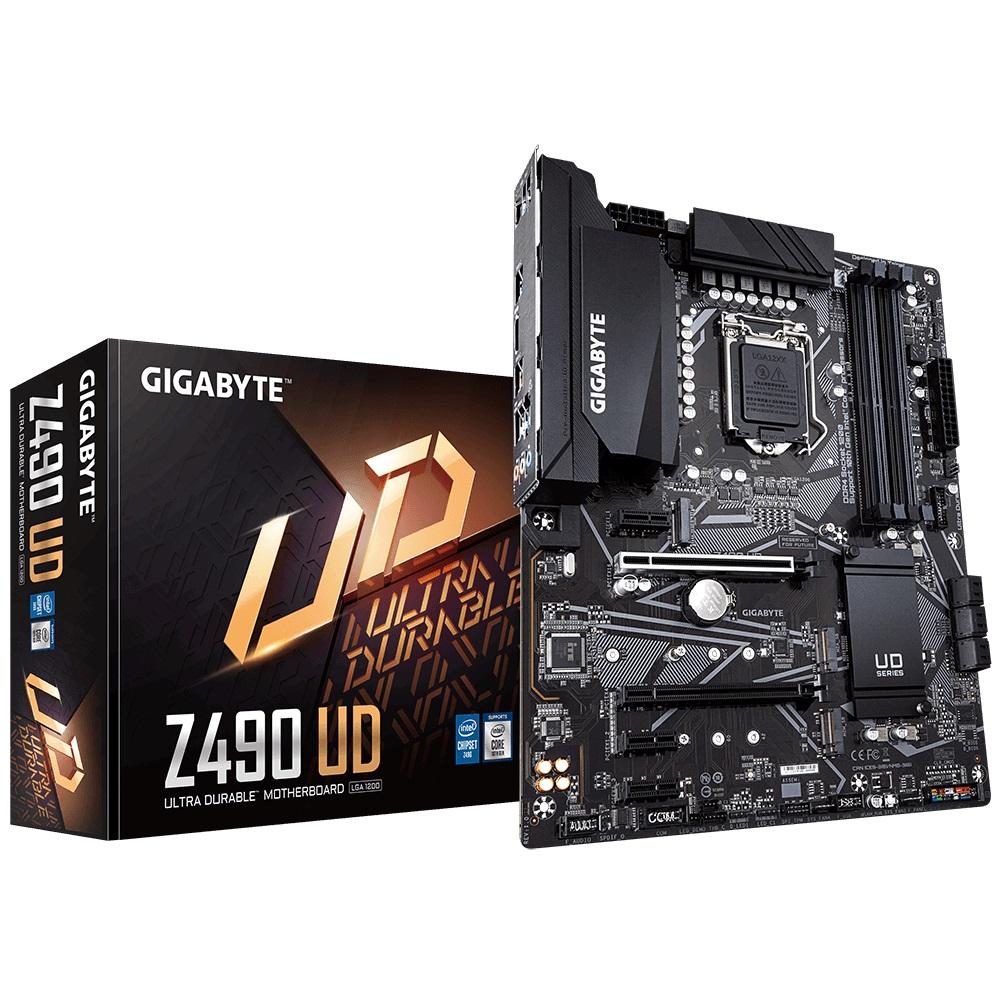 GIGABYTE Z490 UD Intel ATX Motherboard showcasing its advanced features and design, including multiple slots and heatsinks.