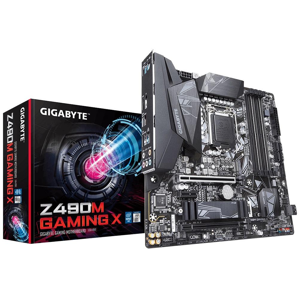 GIGABYTE Z490M GAMING X Intel Micro ATX Motherboard with multiple slots and RGB lighting features.