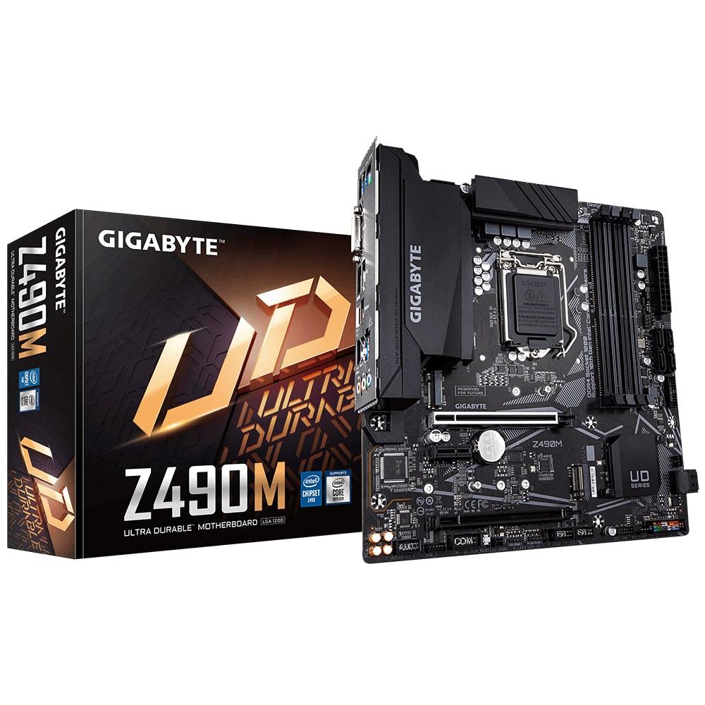 GIGABYTE Z490M Intel Micro ATX Motherboard showcasing its advanced features and design, including multiple slots and RGB lighting.
