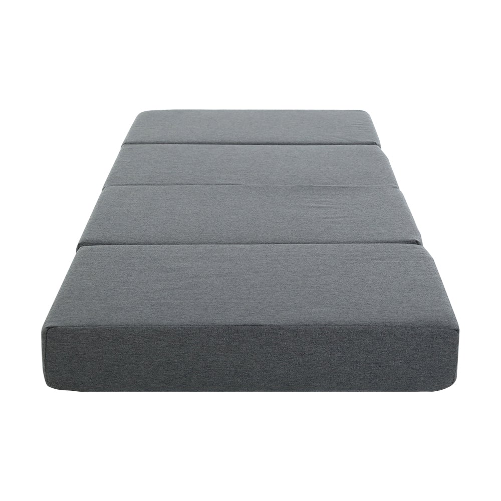 Giselle Bedding Folding Mattress in dark grey, showcasing its foldable design and soft faux linen fabric.