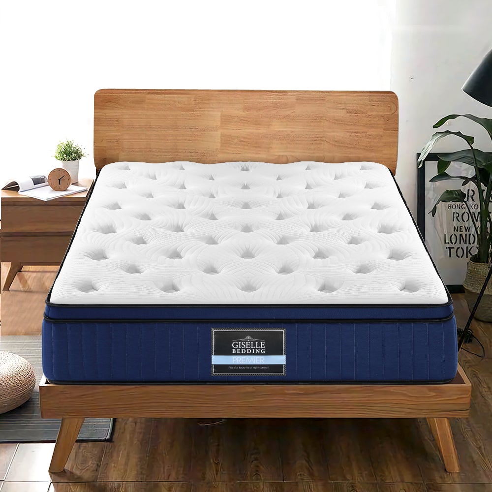 Giselle Bedding Franky Euro Top Cool Gel Pocket Spring Mattress showcasing its plush Belgium knitted fabric and 34cm thickness.