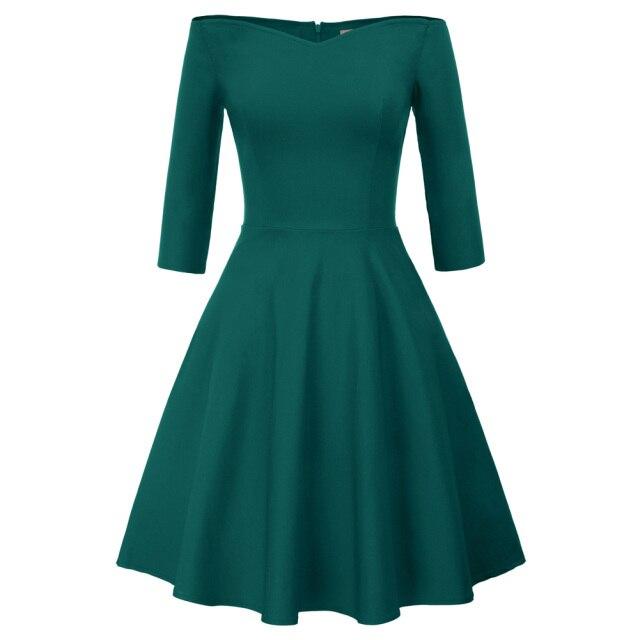 GK Retro Solid Color Off Shoulder Dress featuring a V-neck and three-quarter sleeves, perfect for summer wear.