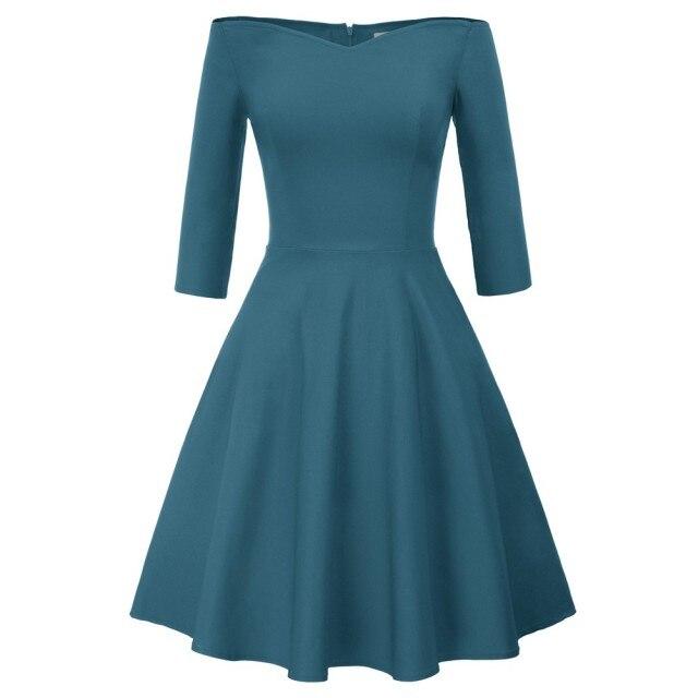 GK Retro Solid Color Off Shoulder Dress featuring a V-neck and three-quarter sleeves, perfect for summer wear.