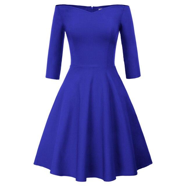 GK Retro Solid Color Off Shoulder Dress featuring a V-neck and three-quarter sleeves, perfect for summer wear.