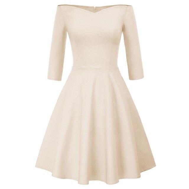 GK Retro Solid Color Off Shoulder Dress featuring a V-neck and three-quarter sleeves, perfect for summer wear.