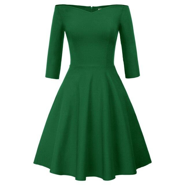 GK Retro Solid Color Off Shoulder Dress featuring a V-neck and three-quarter sleeves, perfect for summer wear.