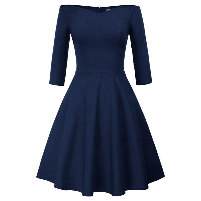 GK Retro Solid Color Off Shoulder Dress featuring a V-neck and three-quarter sleeves, perfect for summer wear.