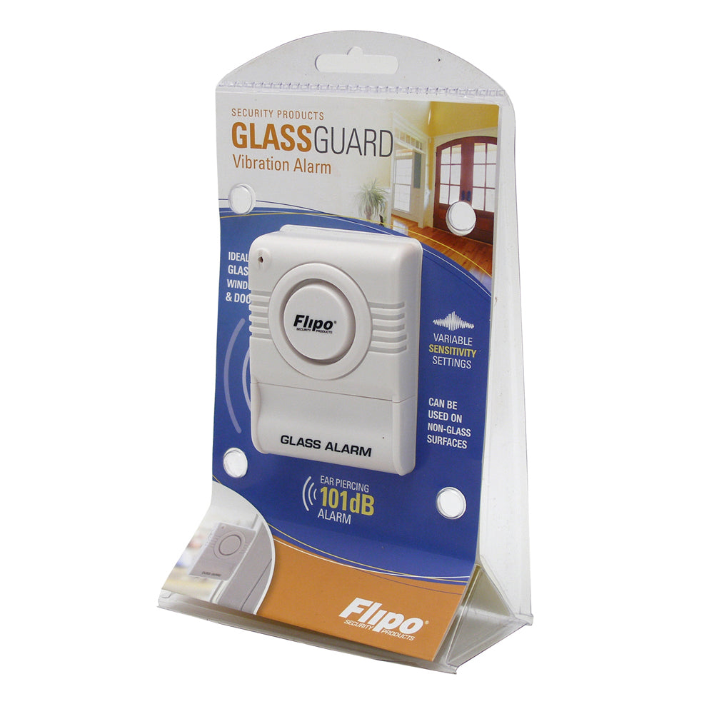 Glass Guard Alarm System installed on a window, featuring a sleek design and dual sensitivity switch for enhanced security.