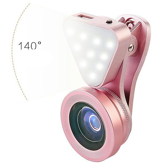 Glow Face 3 in 1 Photo Lens and Fill Lighting Clip in glowing pink, showcasing its premium glass lenses and LED fill light feature.