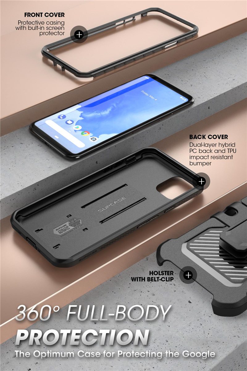 Google Pixel 4 UB Pro Full-Body Rugged Case with Holster Clip, showcasing its durable design and built-in screen protector.