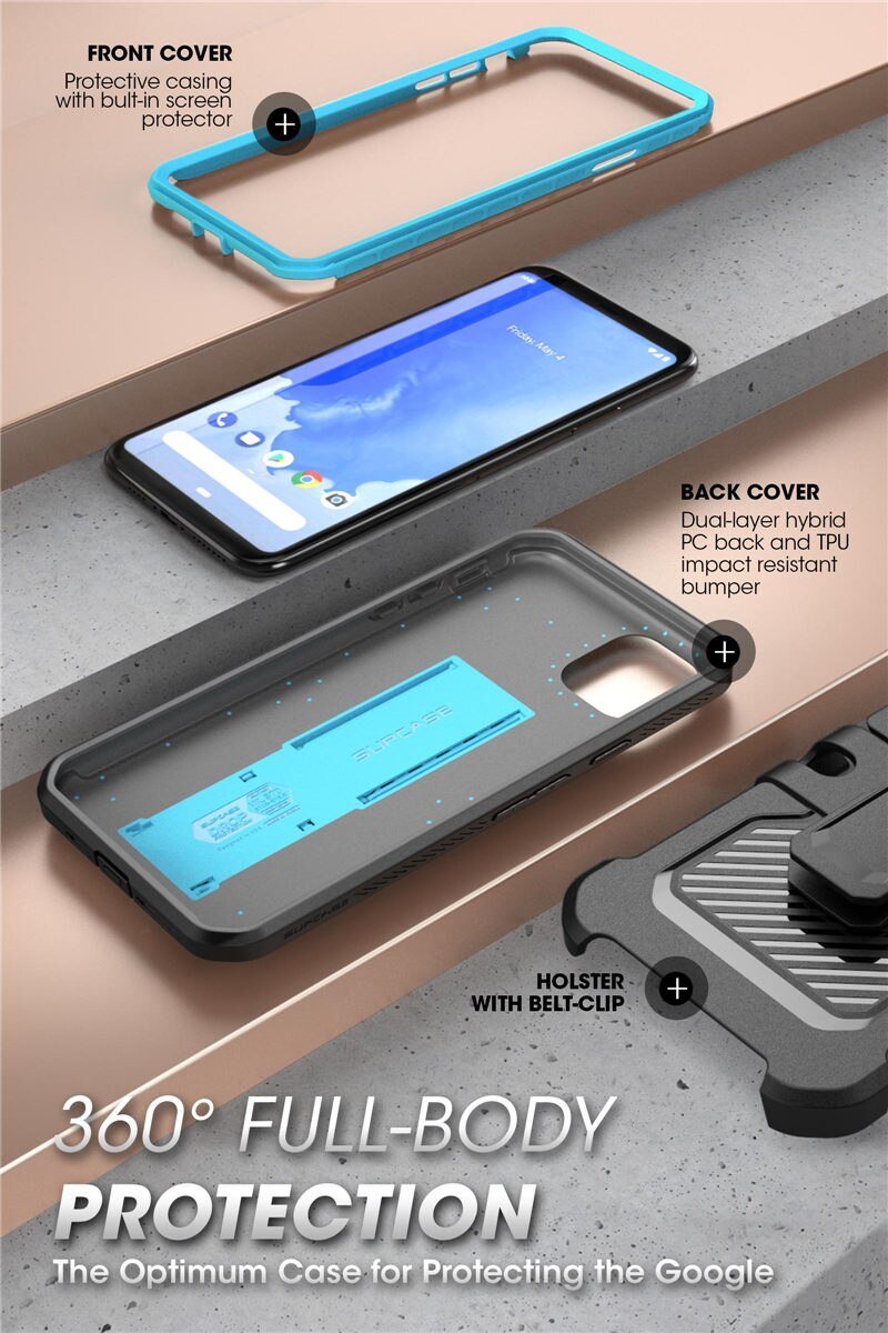 Google Pixel 4 UB Pro Full-Body Rugged Case with Holster Clip, showcasing its durable design and built-in screen protector.