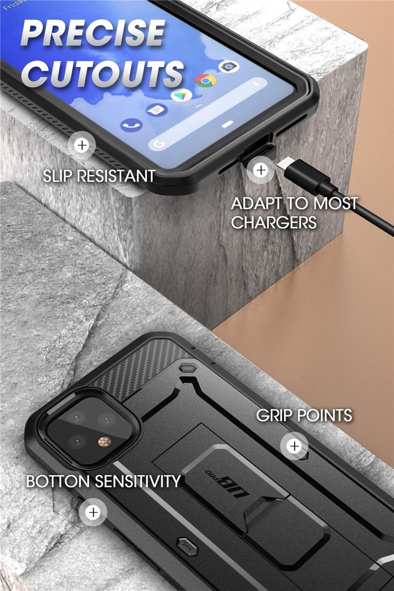 Google Pixel 4 UB Pro Full-Body Rugged Case with Holster Clip, showcasing its durable design and built-in screen protector.