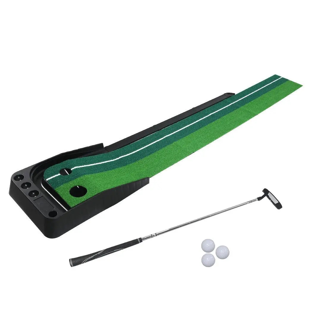 Portable golf putting mat with dual target holes and auto return system, designed for indoor practice.