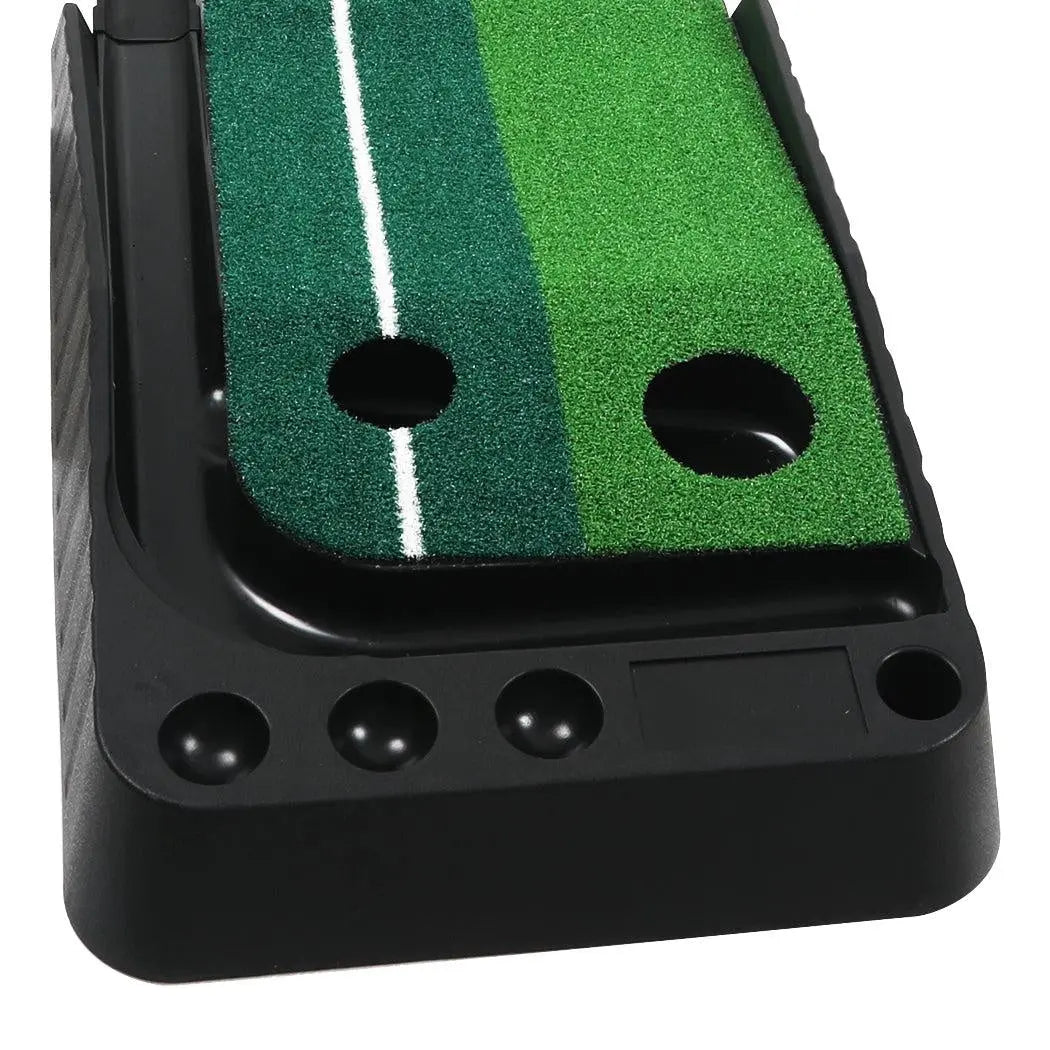 Portable golf putting mat with dual target holes and auto return system, designed for indoor practice.