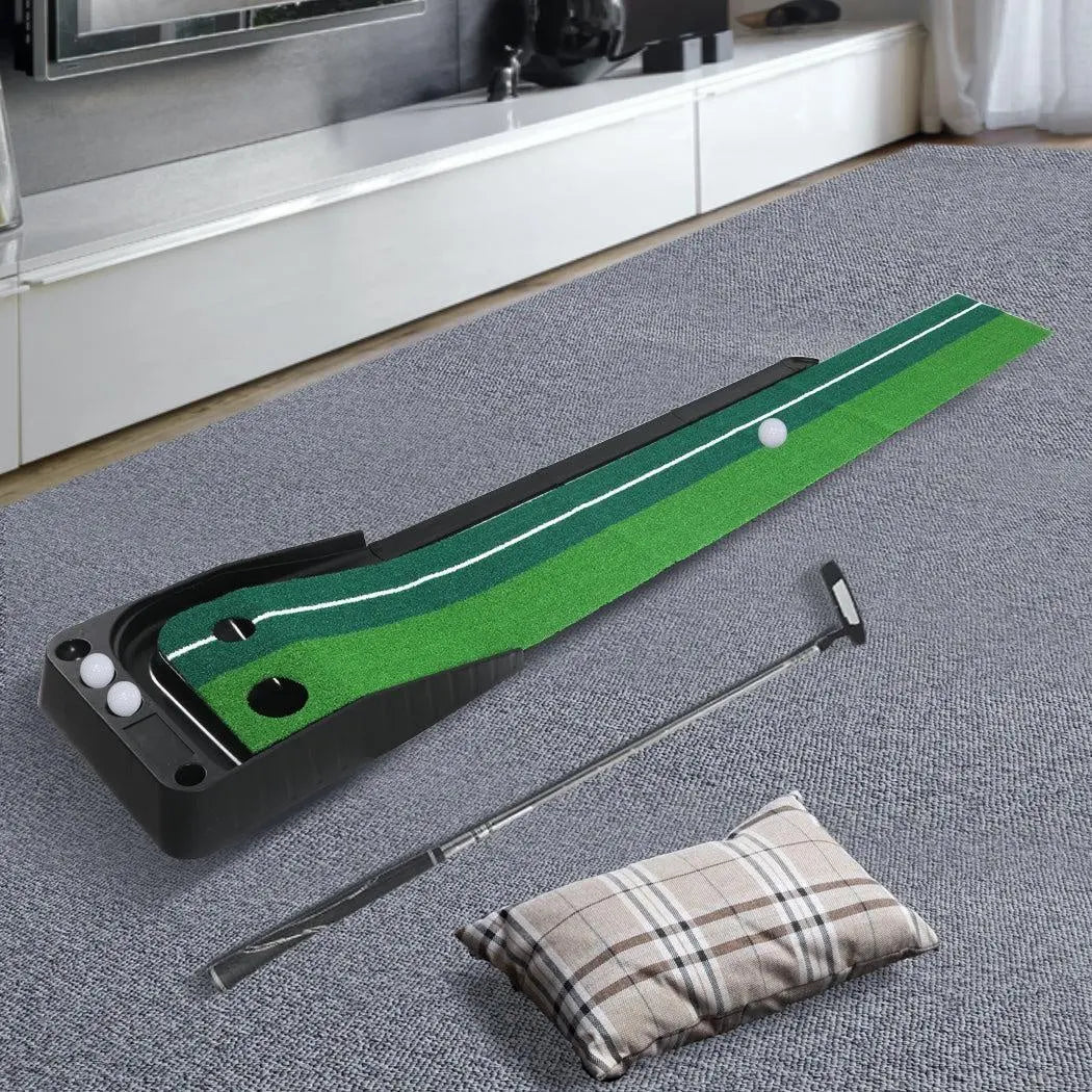 Portable golf putting mat with dual target holes and auto return system, designed for indoor practice.