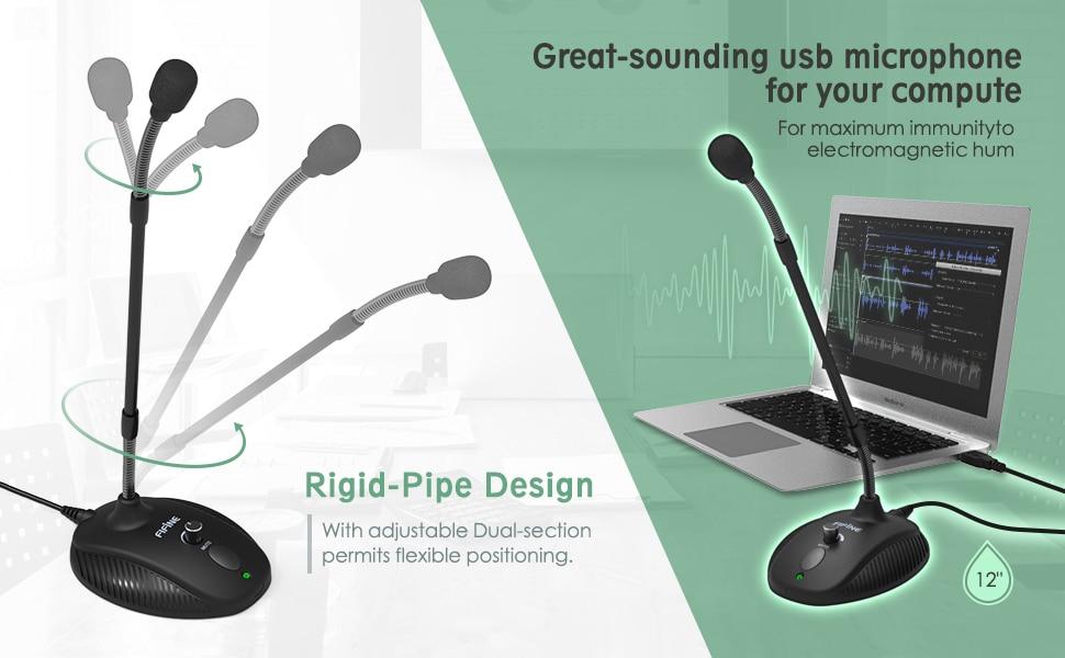 Gooseneck microphone designed for teaching and online meetings, featuring a flexible neck and USB connection.