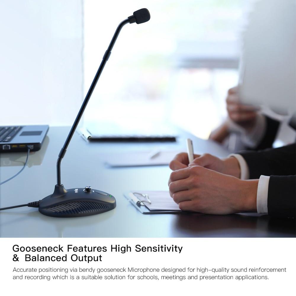 Gooseneck microphone designed for teaching and online meetings, featuring a flexible neck and USB connection.