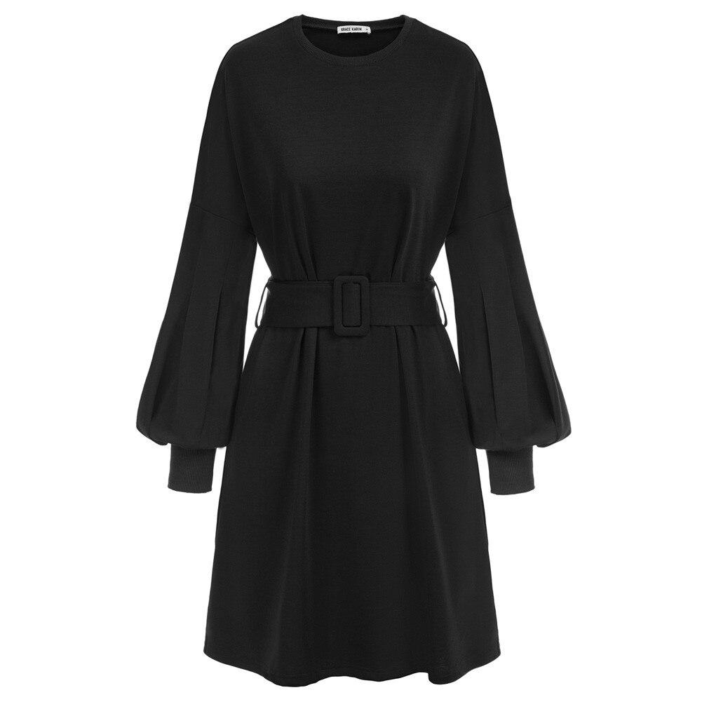 Grace Karin Summer Mini Dress featuring A-line silhouette, lantern sleeves, and belt sashes in a solid color, perfect for summer outings.