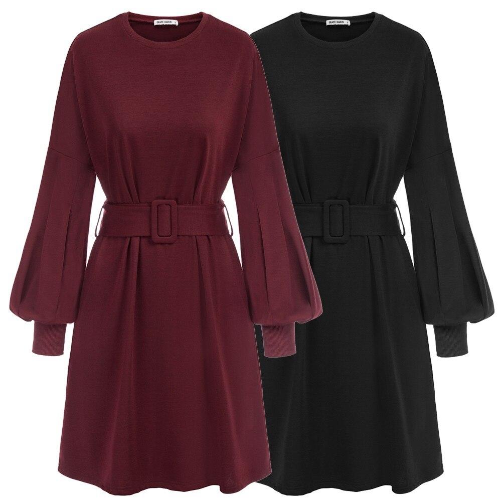 Grace Karin Summer Mini Dress featuring A-line silhouette, lantern sleeves, and belt sashes in a solid color, perfect for summer outings.