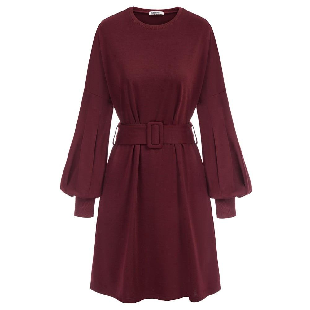 Grace Karin Summer Mini Dress featuring A-line silhouette, lantern sleeves, and belt sashes in a solid color, perfect for summer outings.