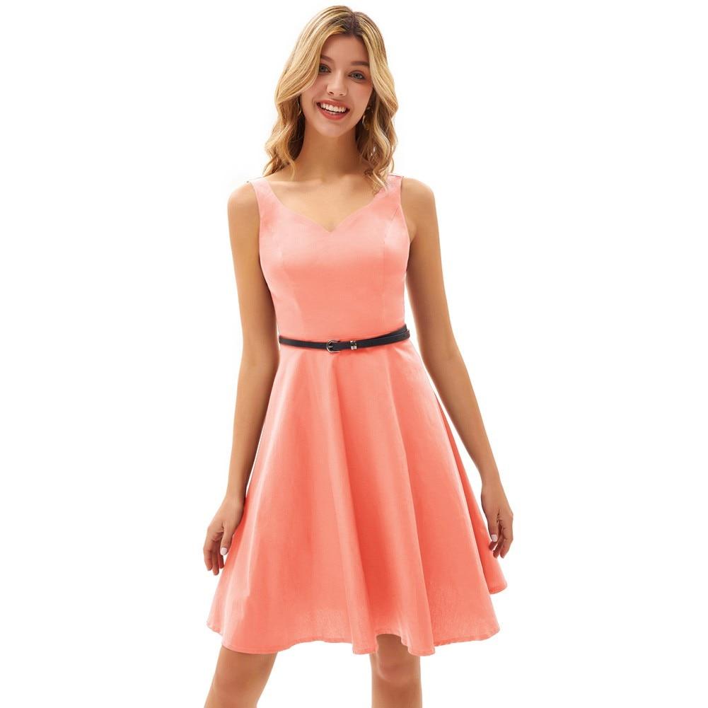 Grace Karin Women V-Neck Dress featuring a sleeveless design, U-back, and flared A-line silhouette, perfect for summer events.
