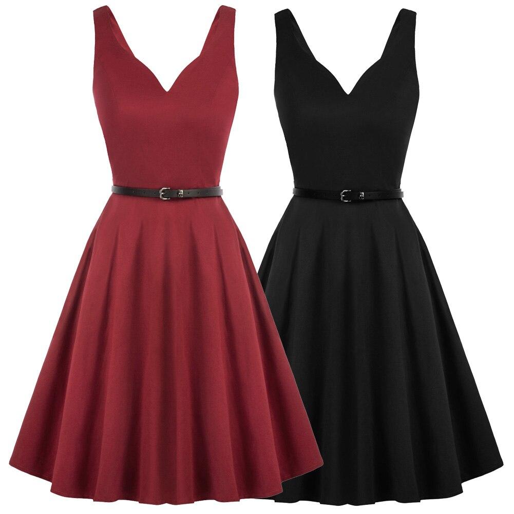 Grace Karin Women V-Neck Dress featuring a sleeveless design, U-back, and flared A-line silhouette, perfect for summer events.