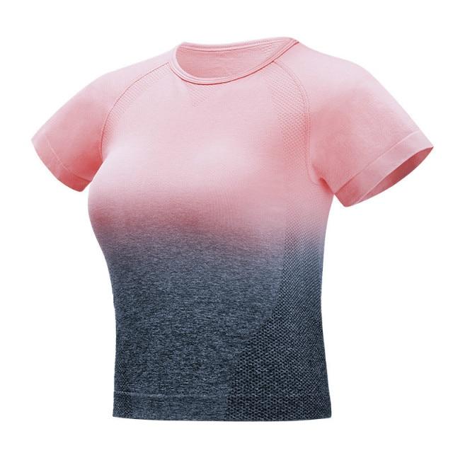 Gradient Sport Short-Sleeve Shirt for Women in various colors, showcasing a slim fit and seamless design, ideal for fitness and gym activities.