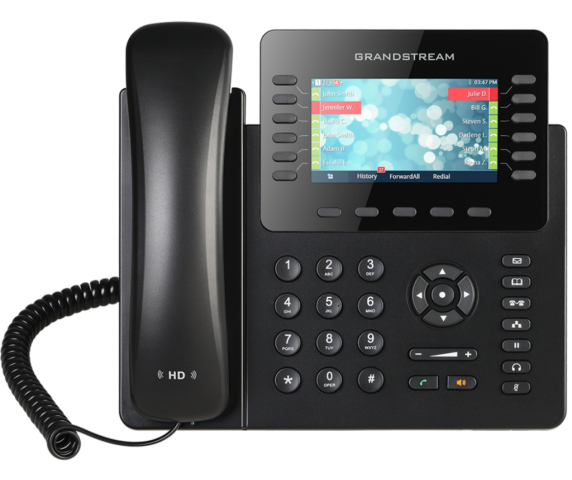 GRANDSTREAM GXP2170 IP phone with 12 lines, 6 SIP accounts, and a 4.3 inch color display, showcasing its sleek design and advanced features.