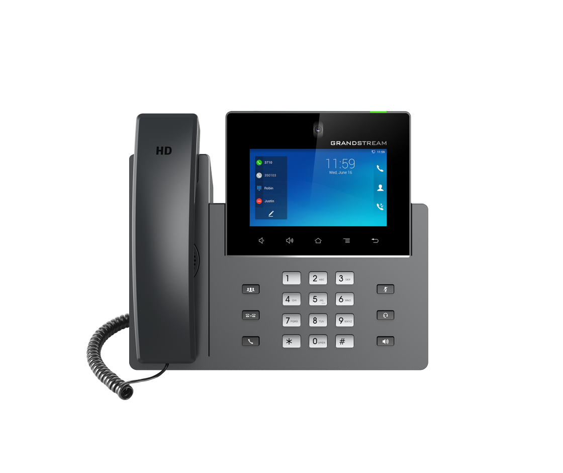 GRANDSTREAM GXV3350 Android IP Phone with a 5-inch touchscreen, tiltable camera, and dual microphones for video calls.