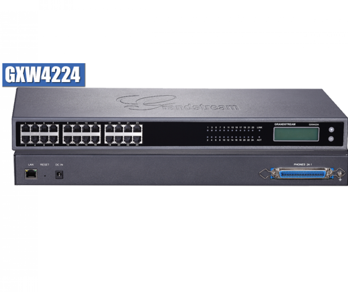 GRANDSTREAM GXW4224 VoIP gateway with 24 FXS ports and a Gigabit network port, featuring a backlit graphic display.