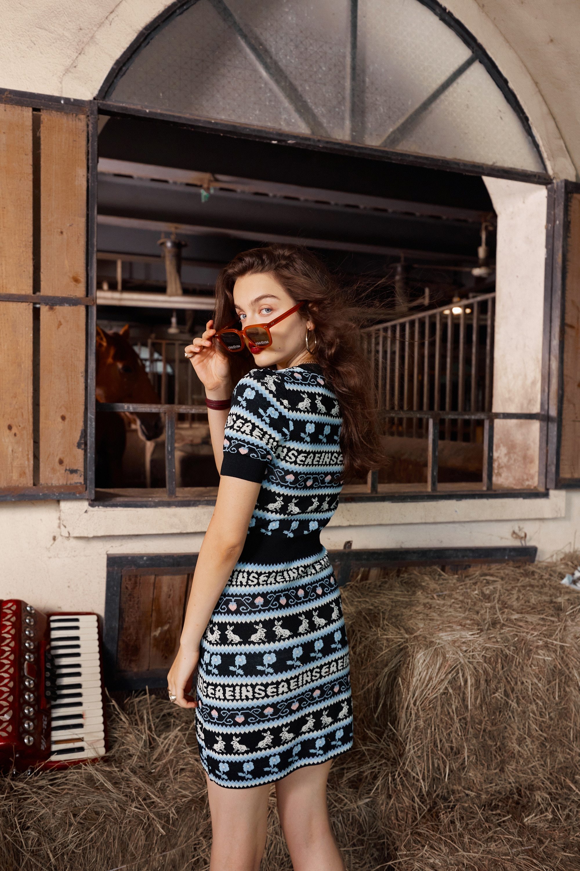 A stylish Graphic Jacquard Casual Women Vintage 2-IN-1 Dress featuring a high waist, knee-length cut, and elegant A-line silhouette, perfect for autumn.