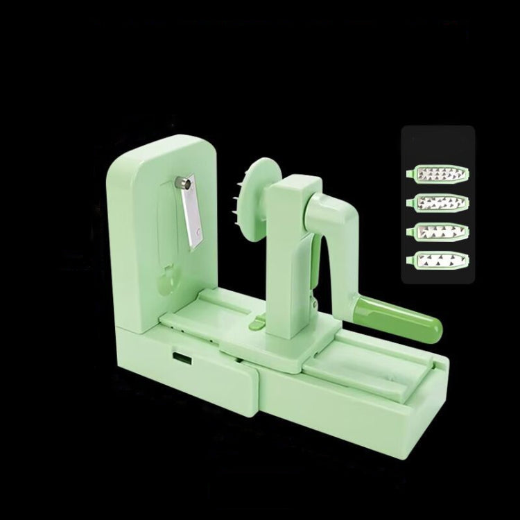 Grater Vegetable Potato Spiral Slicer with four interchangeable blades and a vacuum base, showcasing its ergonomic design and foldable feature.